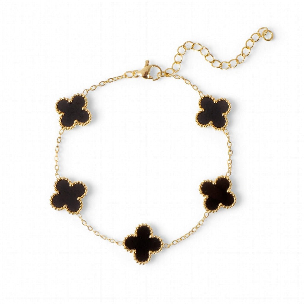 14K Gold Plated Clover Bracelet – Mother of Pearl or Black Onyx Adjustable Charm Bracelet