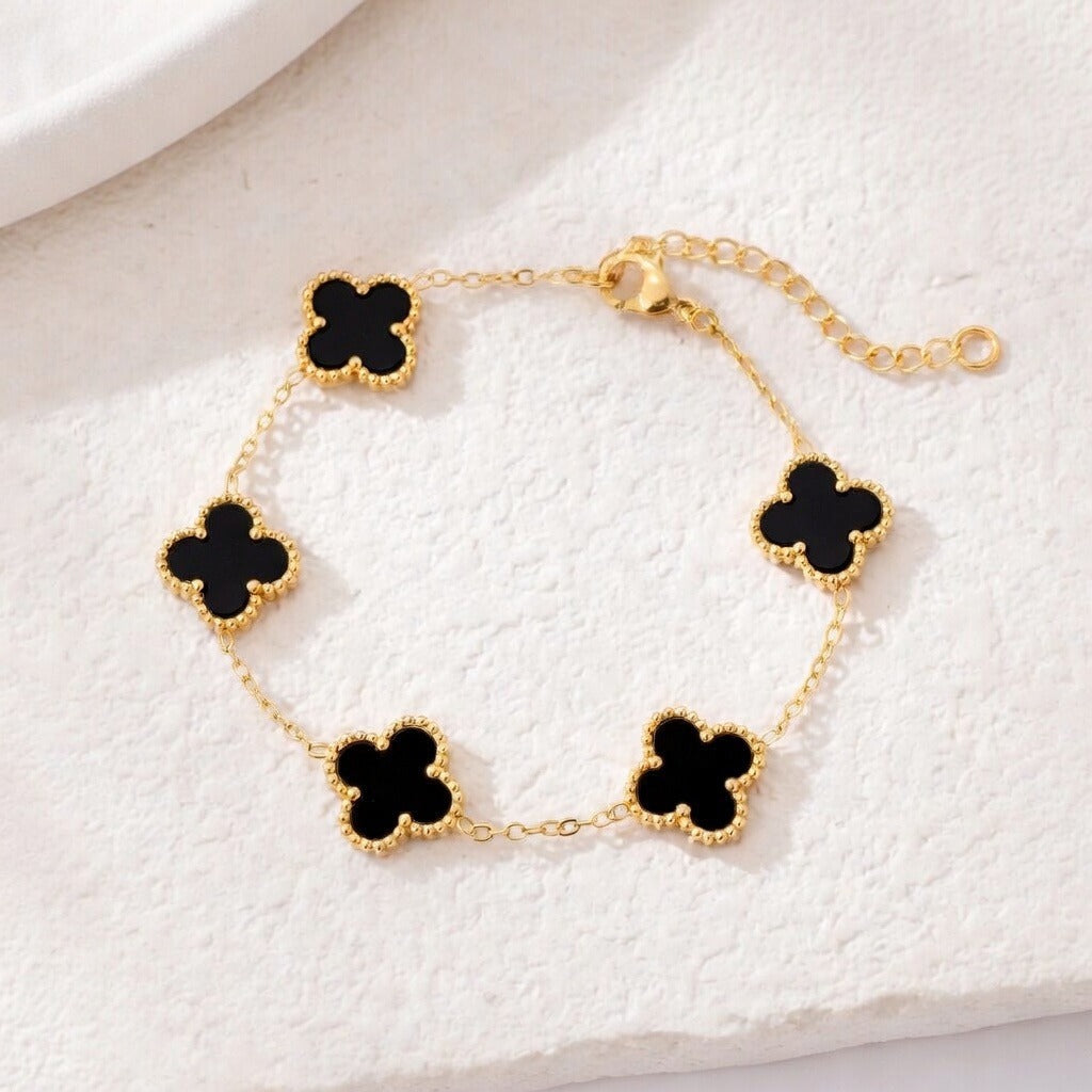 14K Gold Plated Clover Bracelet – Mother of Pearl or Black Onyx Adjustable Charm Bracelet