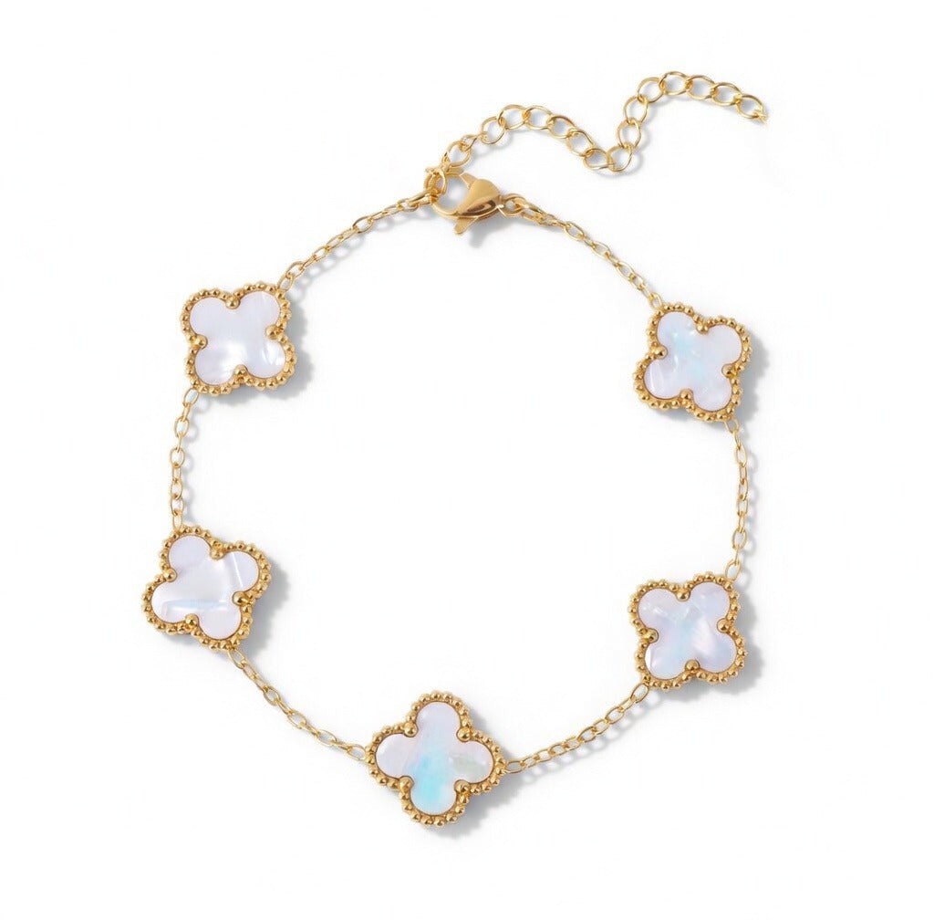 14K Gold Plated Clover Bracelet – Mother of Pearl or Black Onyx Adjustable Charm Bracelet