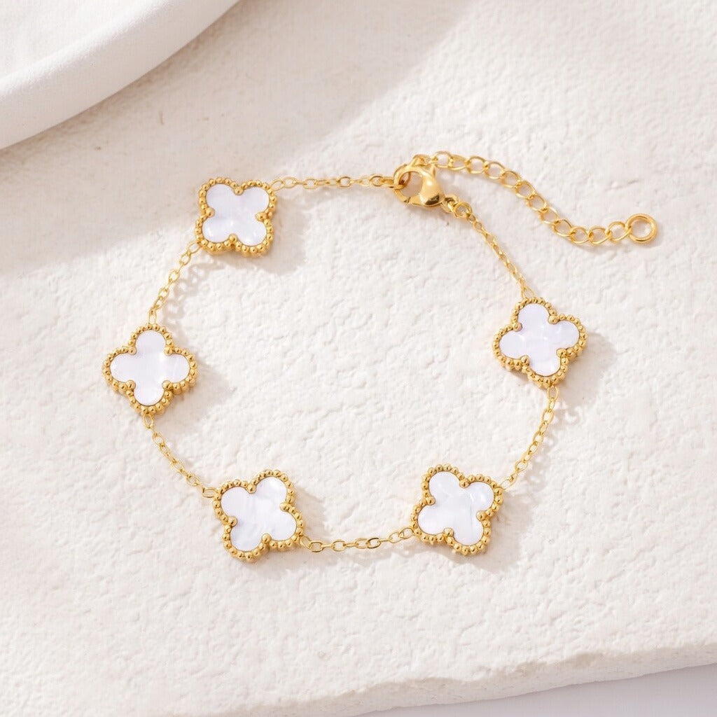 14K Gold Plated Clover Bracelet – Mother of Pearl or Black Onyx Adjustable Charm Bracelet