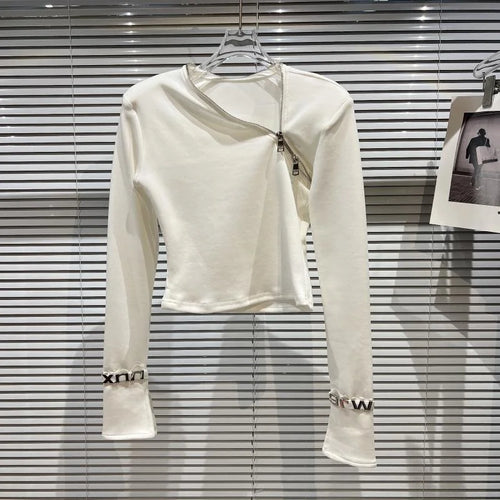 Asymmetric Zip Sculpt Long-Sleeve Top – Minimalist Streetwear Cutout Tee