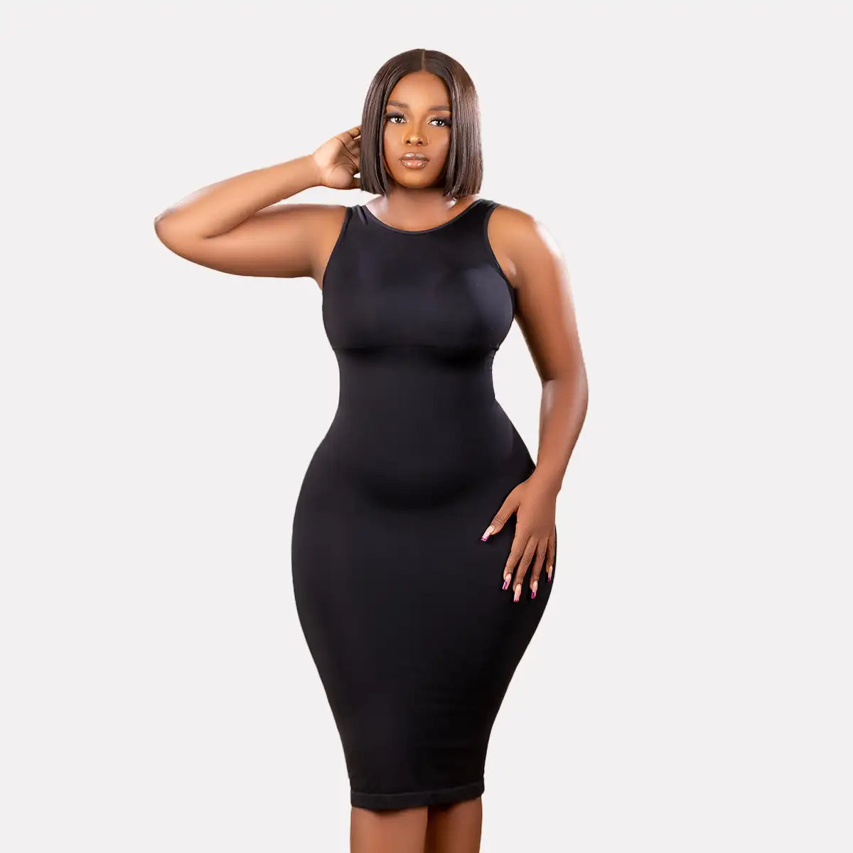 Shapewear Bodycon Dress – Tummy Control Snatch Dress – Seamless Sculpting Midi Dress (Black)